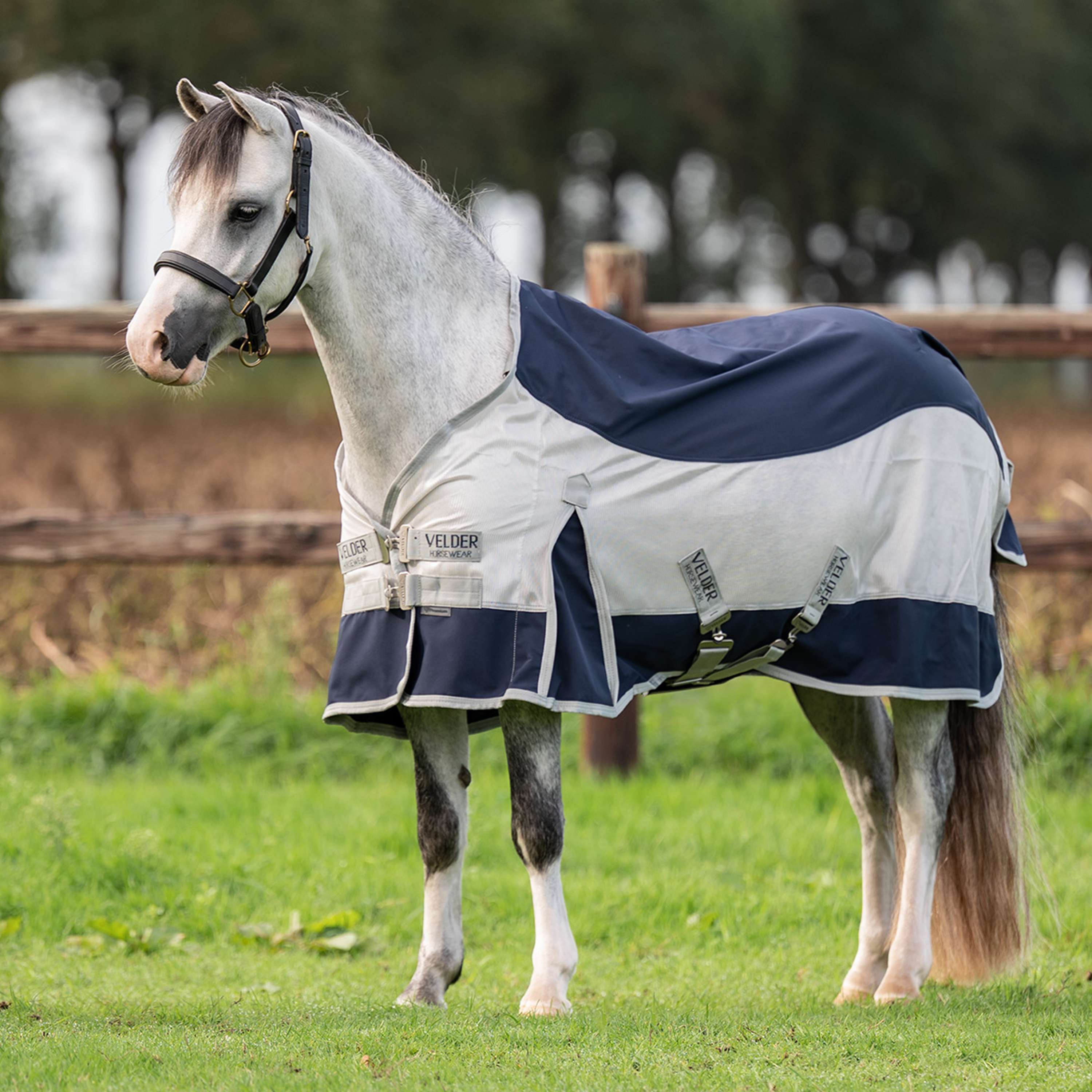 Velder Horsewear Premium Pony Couverture Anti-Mouches Rainless Fall Navy/Pearl Silver