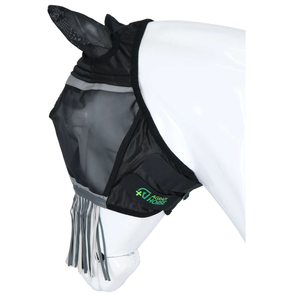 Agradi Horse Masque Anti-Mouches Fine Mesh avec Oreilles et Franges Noir