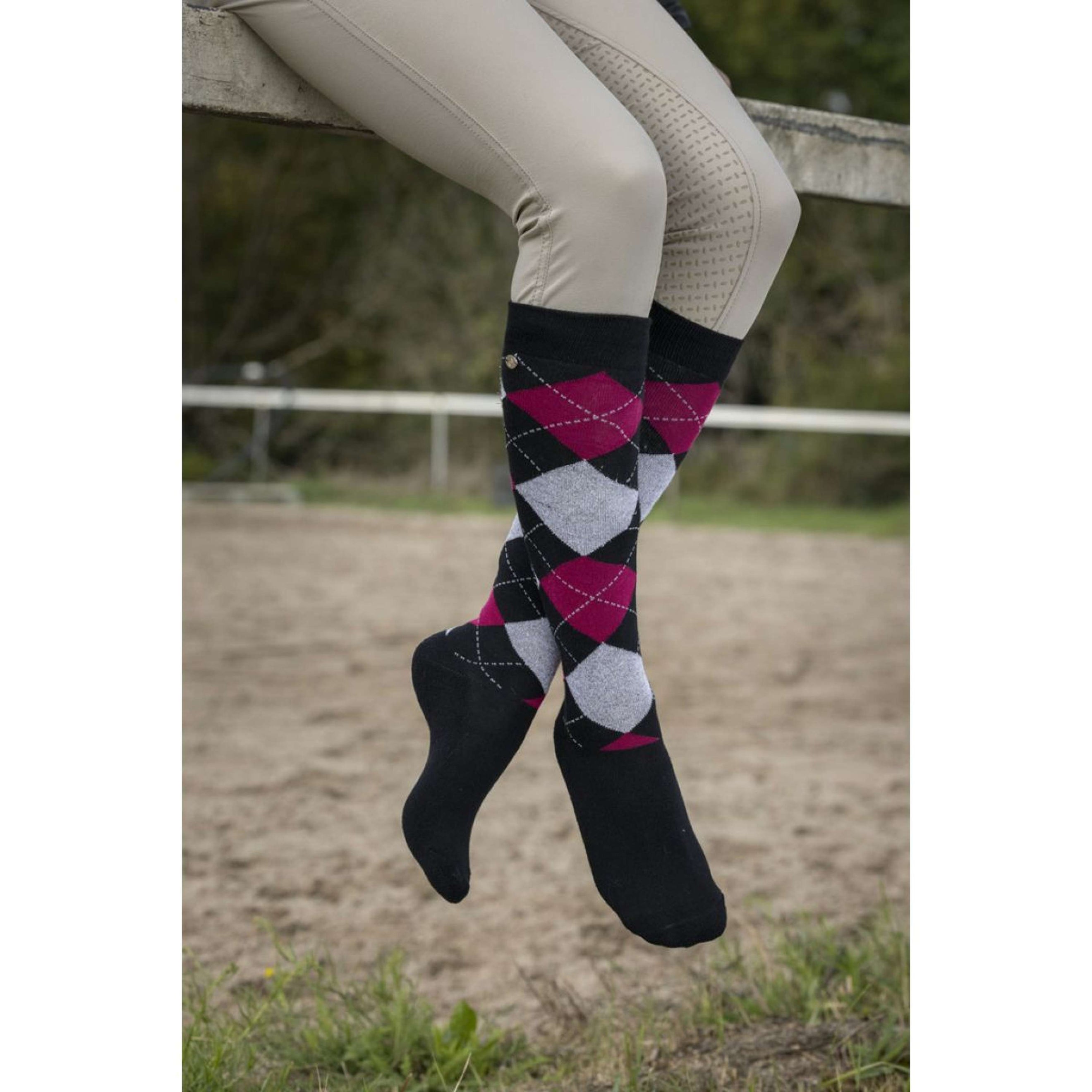 EQUITHÈME Chaussettes Argyle Lurex Noir/Bordeaux