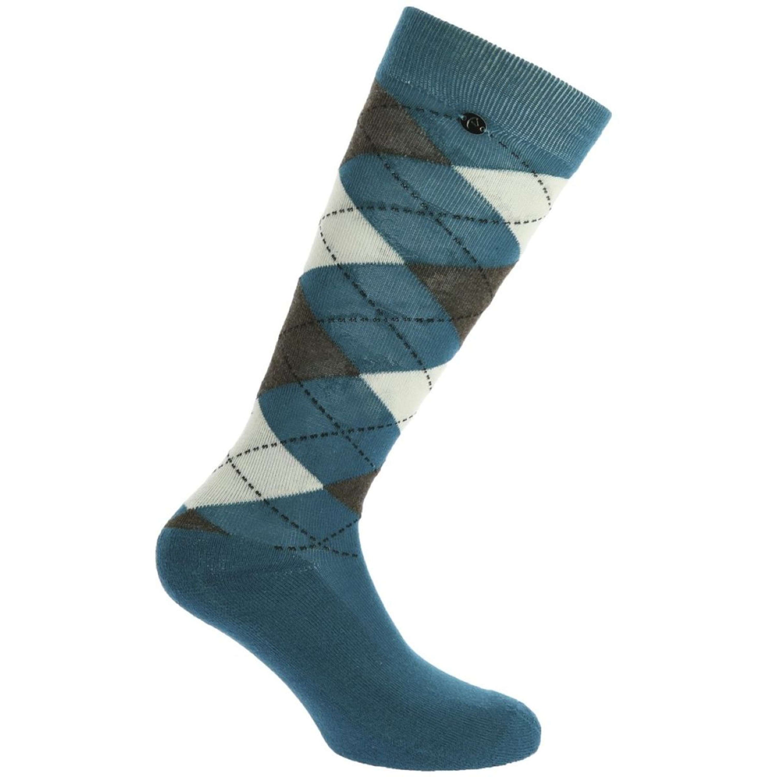EQUITHÈME Chaussettes d'Équitation Argyle Écru/Bleu EQUITHÈME Chaussettes d'Équitation Argyle Écru/Bleu
