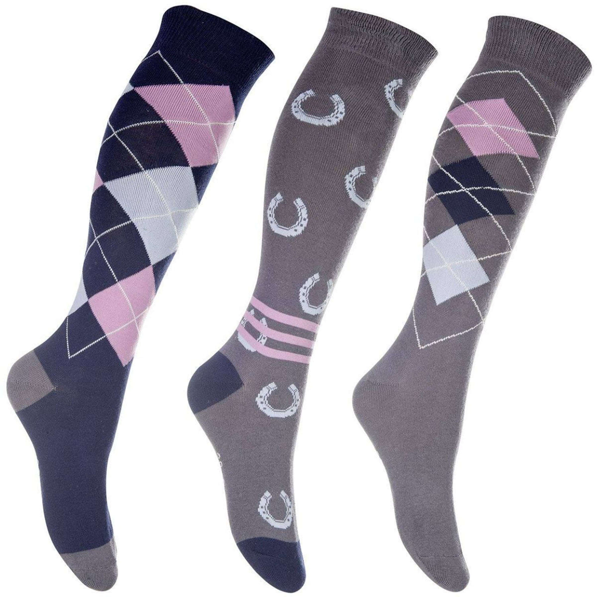 HKM Chaussettes d'Équitation Cardiff Jeu de 3 Gris/Bleu