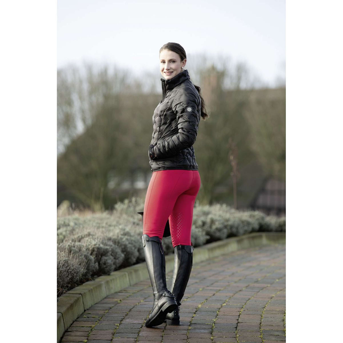 HKM Legging d'Équitation Wien Prise de Genou Bleu Foncé/Corail Néon