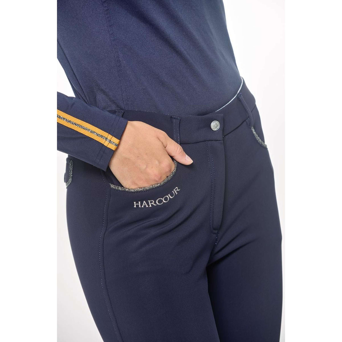 Harcour Pantalon d'Équitation Jaipur Fix System Grip Polarfleece Femme Marin