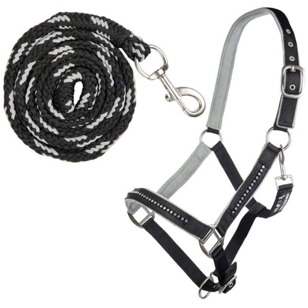 HKM Ensemble Licol Crystal Souple Rembourrage Noir/Gris