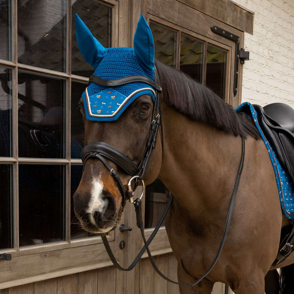 Kentucky Bonnet Anti-Mouches Wellington Velvet Horse Printing Marin