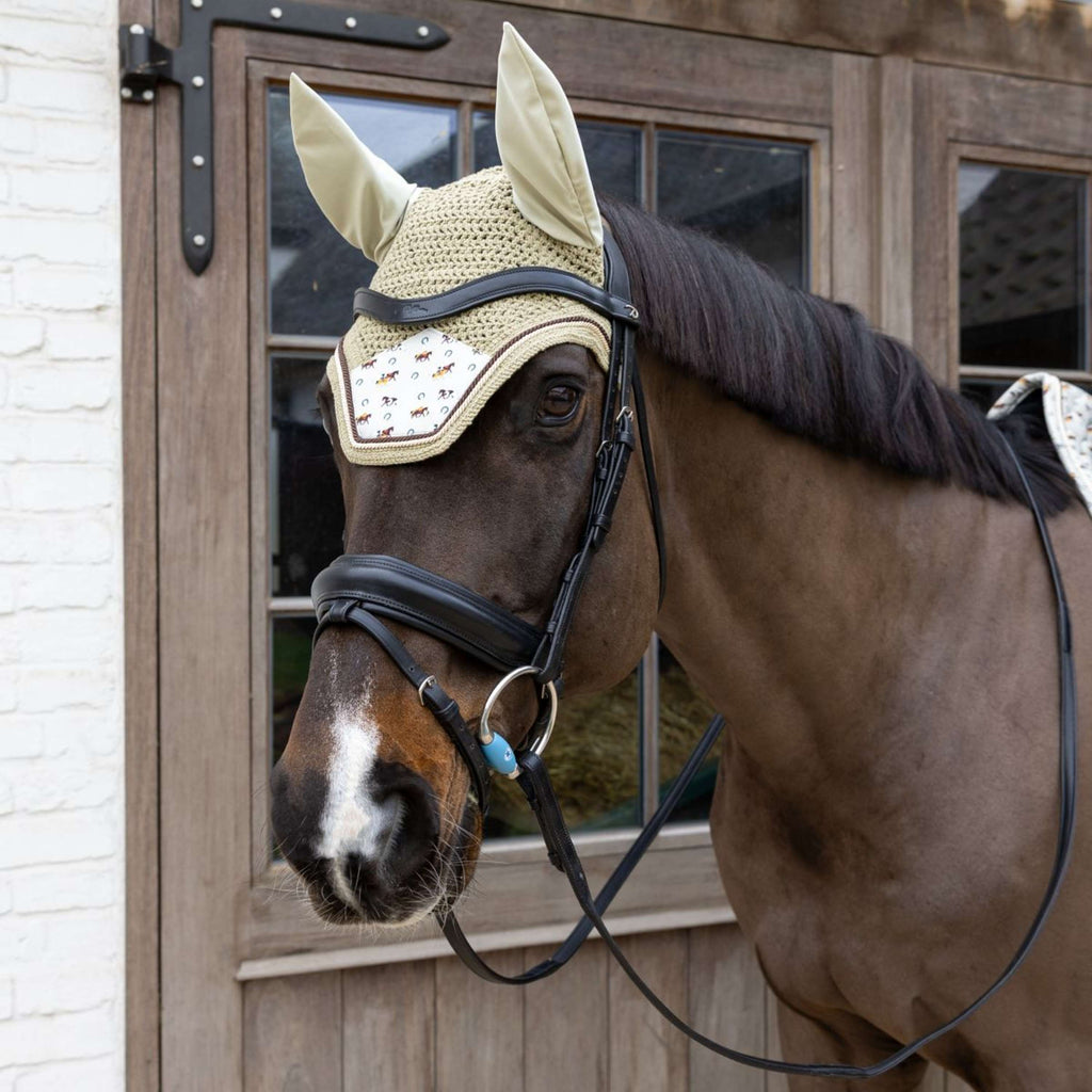 Kentucky Bonnet Anti-Mouches Wellington Velvet Horse Printing Beige