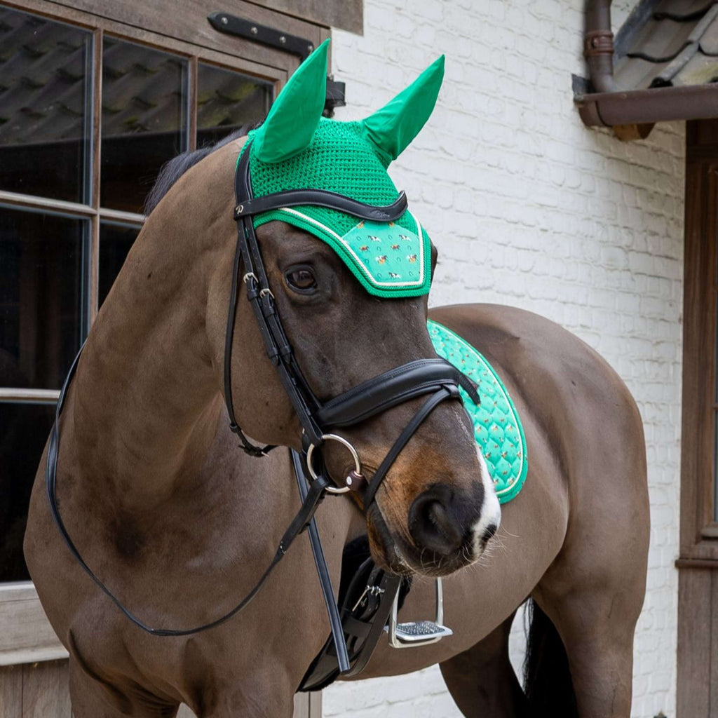 Kentucky Bonnet Anti-Mouches Wellington Velvet Horse Printing Vert