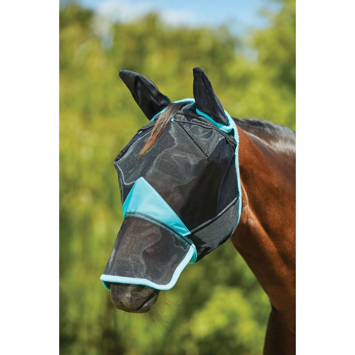 Weatherbeeta Masque Anti-Mouches Comfitec Deluxe Fine Mesh avec Oreilles et Nez Noir/Turquoise