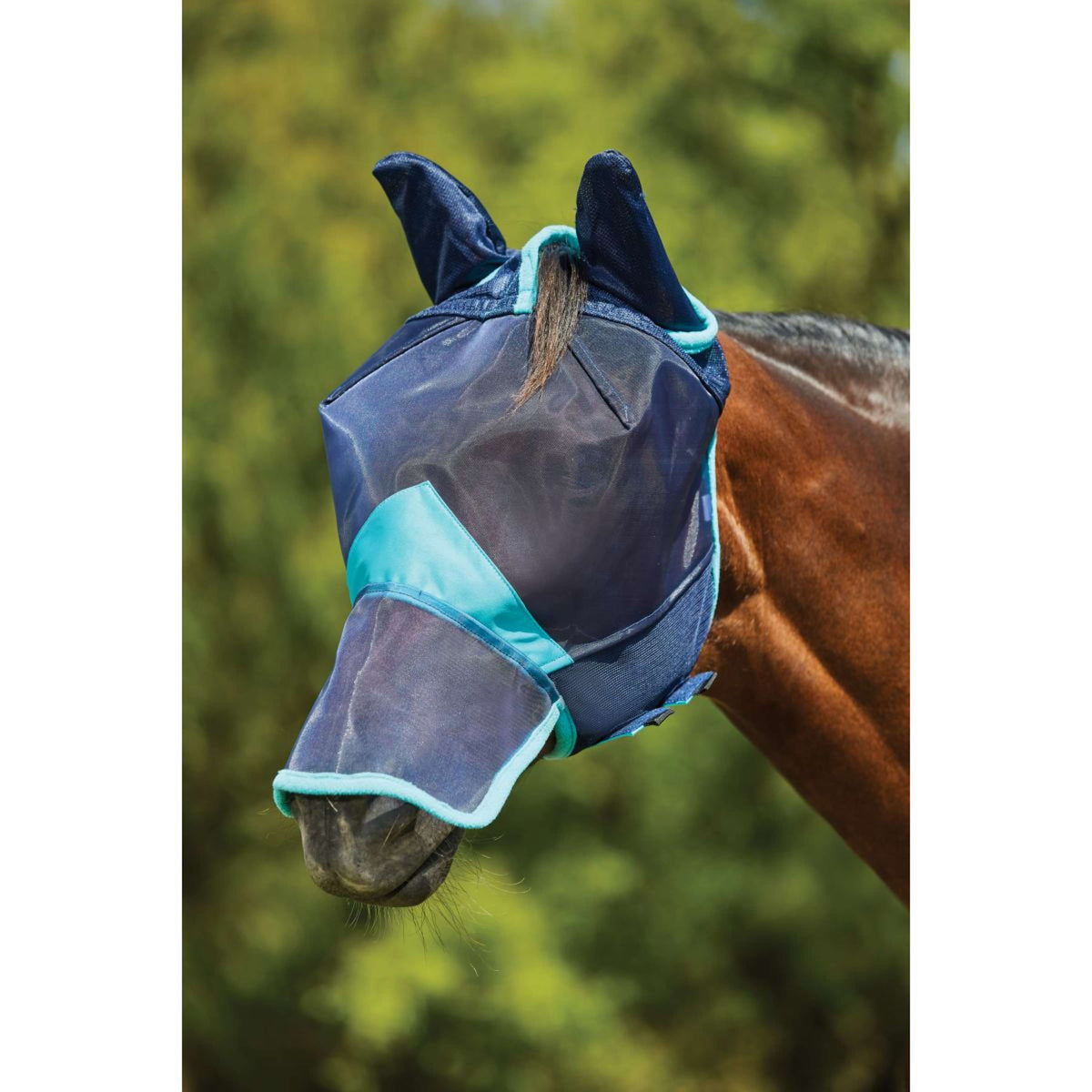 Weatherbeeta Masque Anti-Mouches Comfitec Deluxe Fine Mesh avec Oreilles et Nez Navy/Turquoise